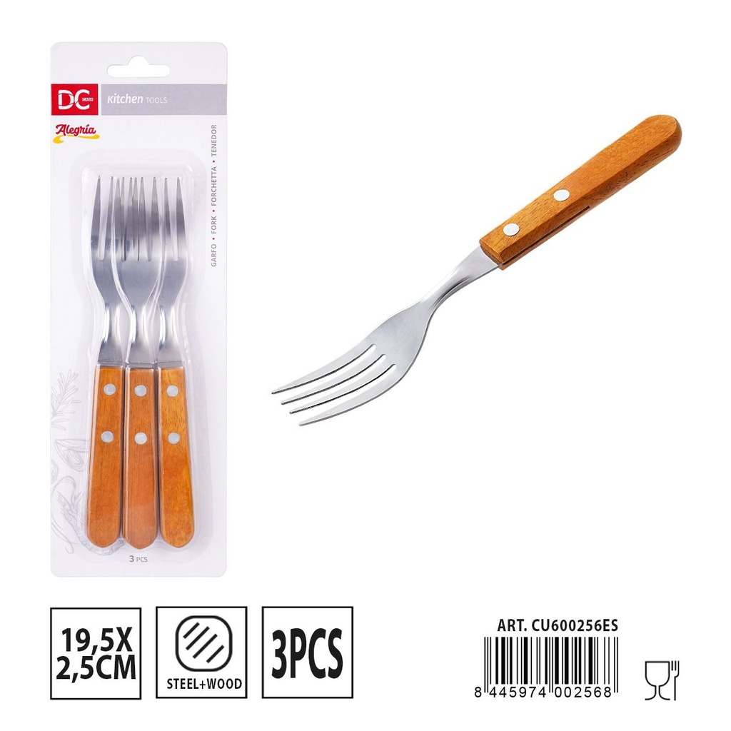 Tenedor con mango de madera 19.5x2.5 cm 3 piezas - Utensilios de mesa