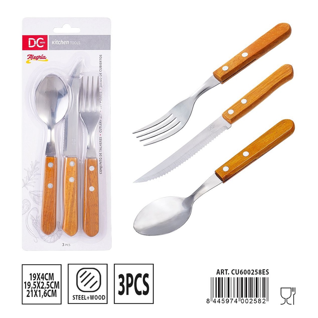 Set de cubiertos con mango de madera 3 piezas - Utensilios de mesa