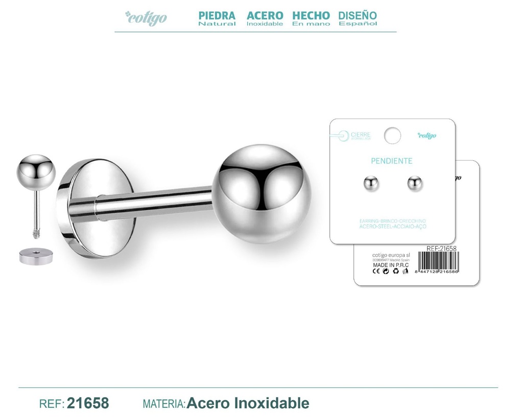 Pendiente de acero color plateado con cierre de rosca - Joyería práctica y moderna