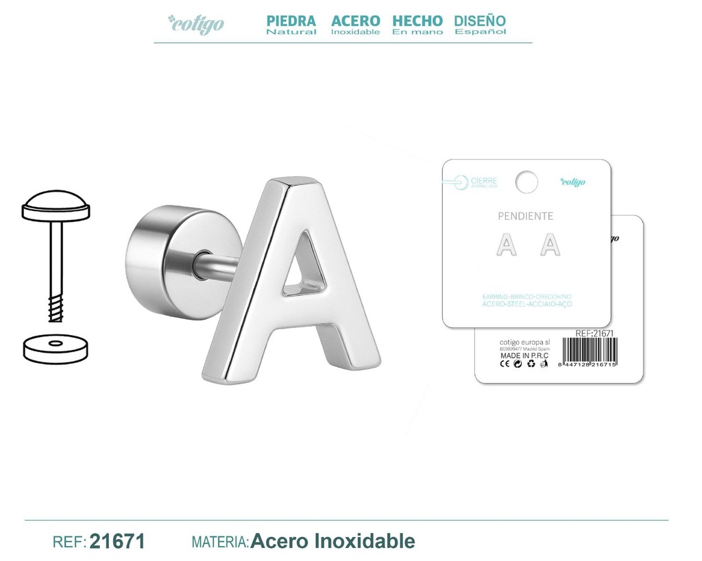 Pendiente de acero letra A color plateado con cierre de rosca - Joyería personalizada