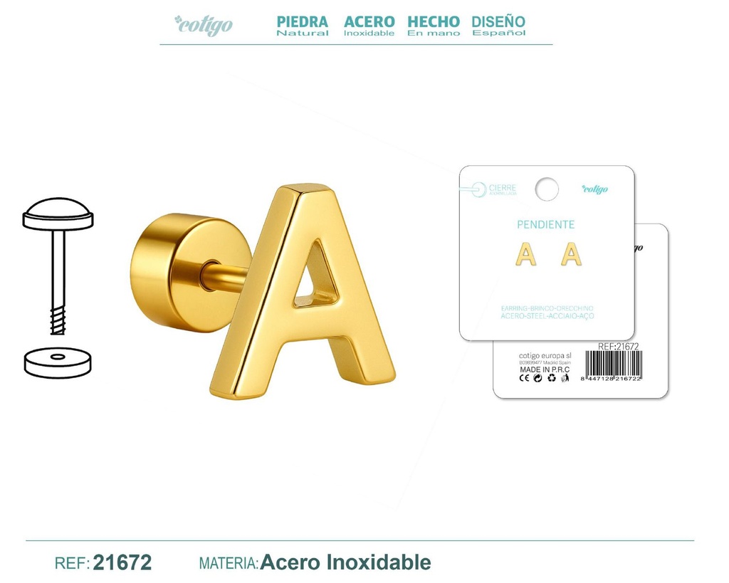 Pendiente de acero letra A color dorado con cierre de rosca - Joyería personalizada