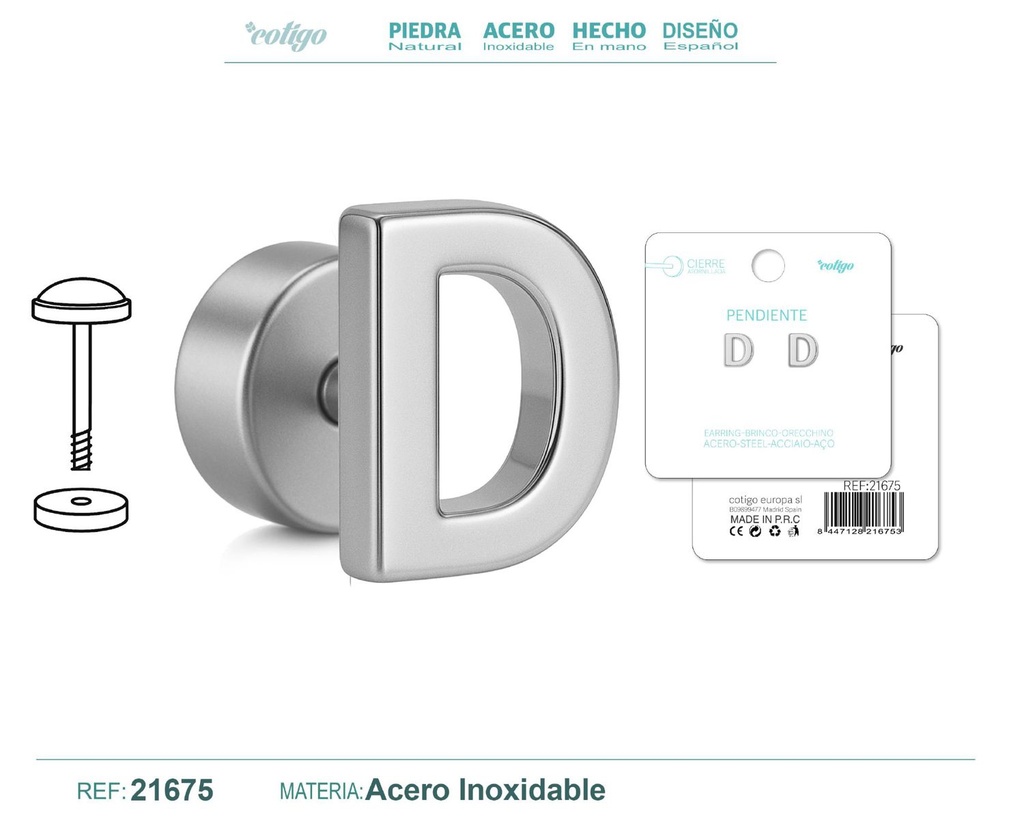 Pendiente de acero letra D color plateado con cierre de rosca - Joyería personalizada