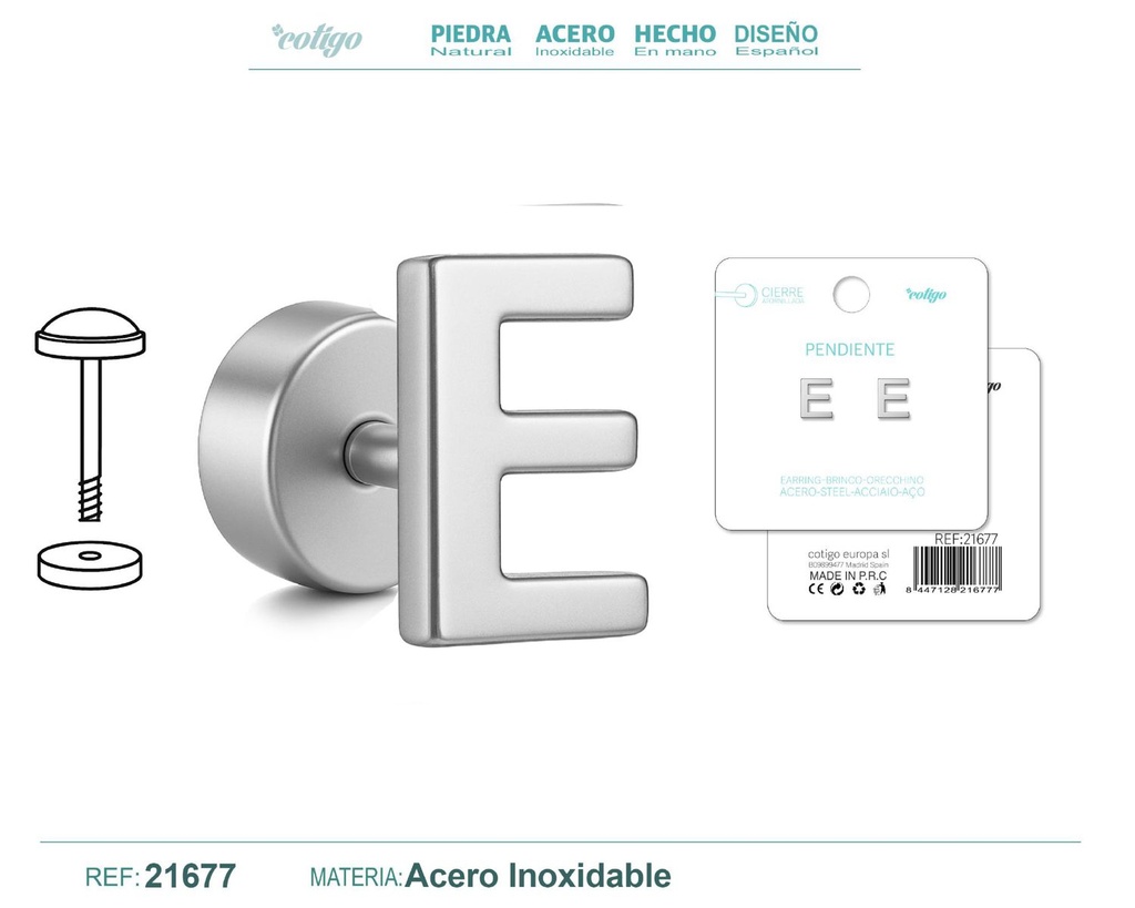 Pendiente de acero letra E color plateado con cierre de rosca - Joyería personalizada