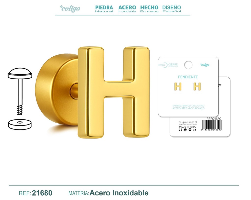 Pendiente de acero letra H color dorado con cierre de rosca - Joyería personalizada