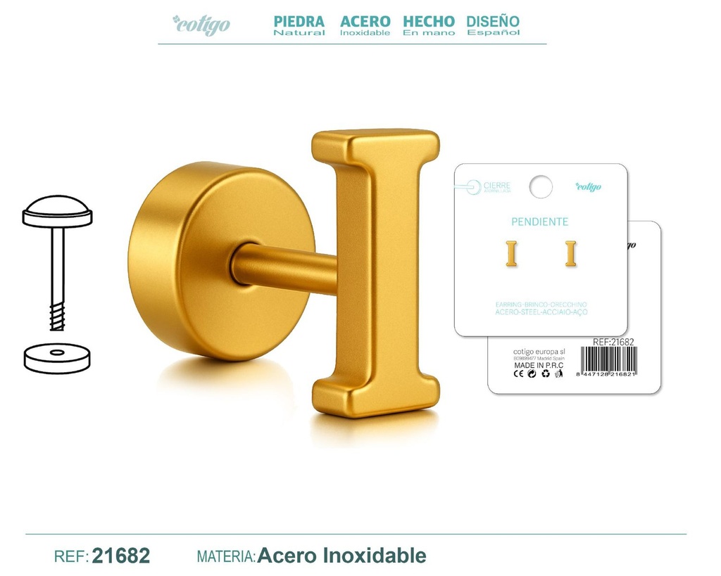 Pendiente de acero letra I color dorado con cierre de rosca - Joyería personalizada