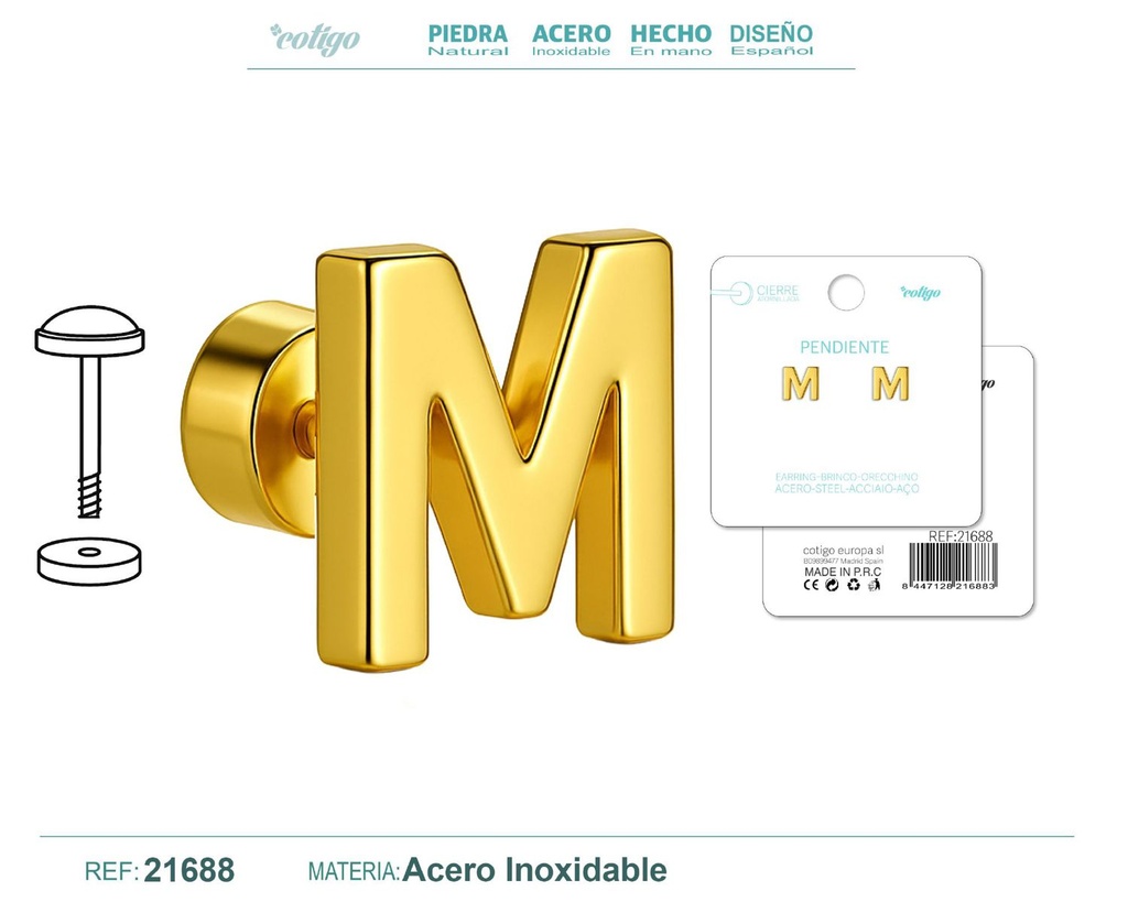Pendiente de acero letra M color dorado con cierre de rosca - Joyería personalizada