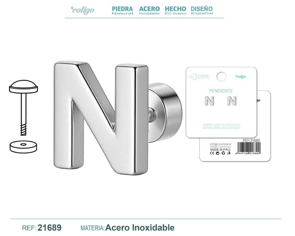 Pendiente de acero letra N color plateado con cierre de rosca - Joyería personalizada