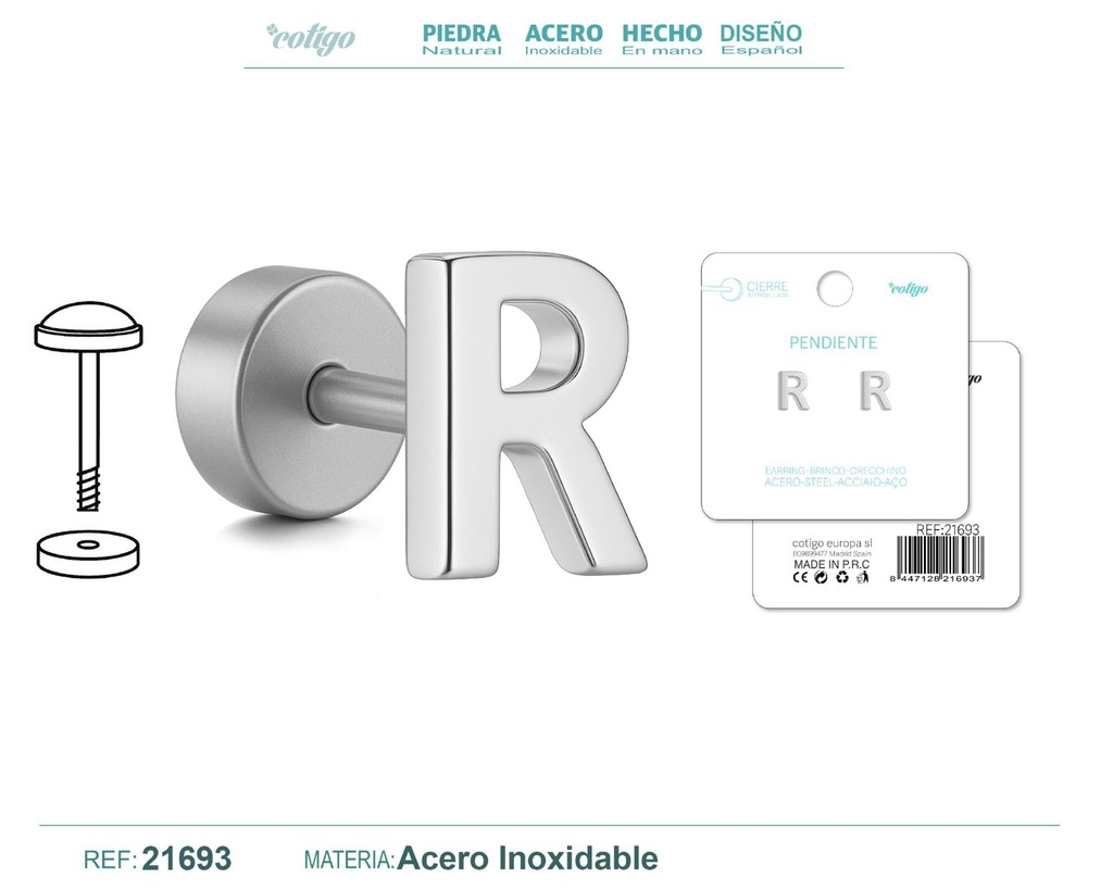Pendiente de acero letra R color plateado con cierre de rosca - Joyería personalizada