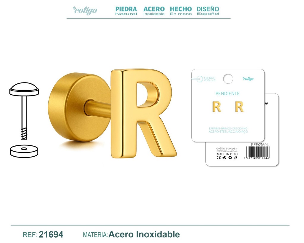 Pendiente de acero letra R color dorado con cierre de rosca - Joyería personalizada
