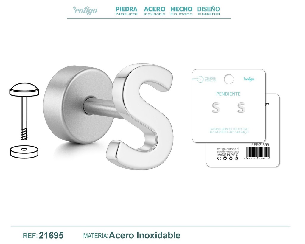 Pendiente de acero letra S color plateado con cierre de rosca - Joyería personalizada