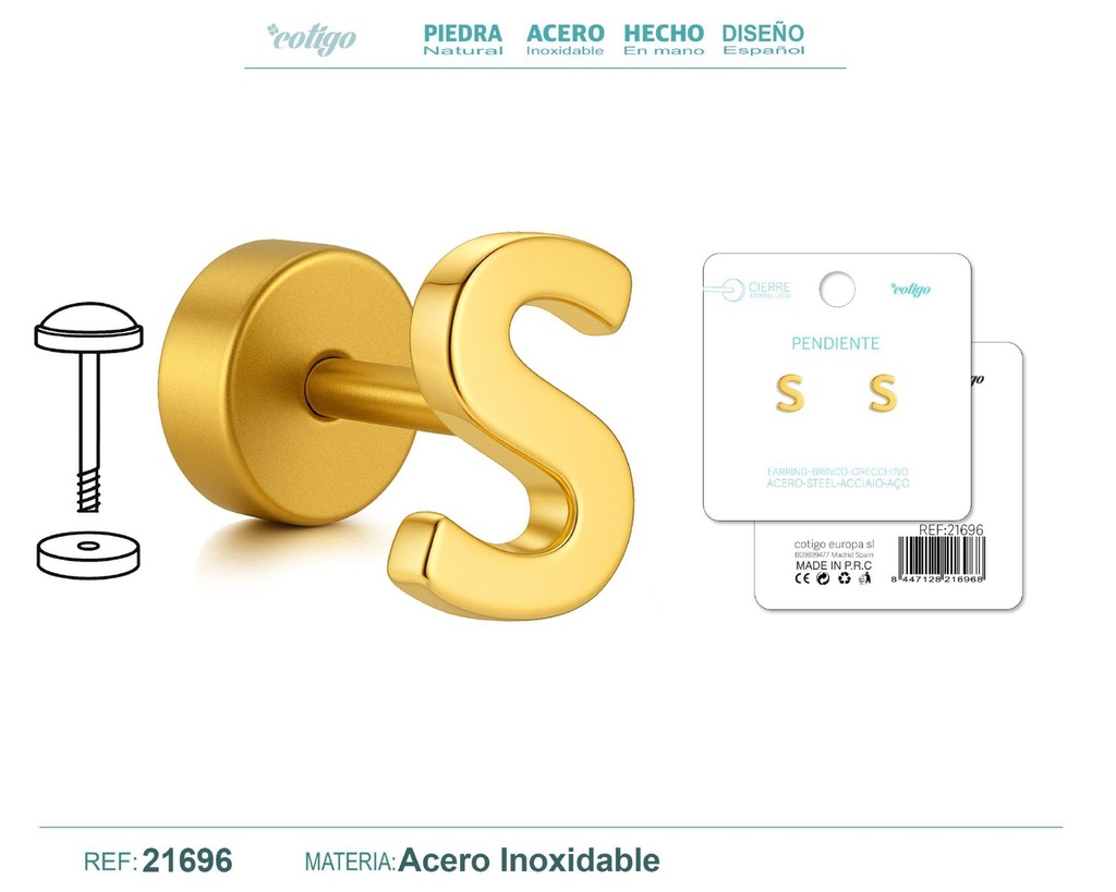 Pendiente de acero letra S color dorado con cierre de rosca - Joyería personalizada
