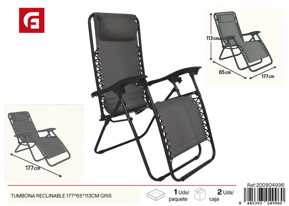 Tumbona reclinable gris 177x65x113 cm - Muebles de exterior para verano
