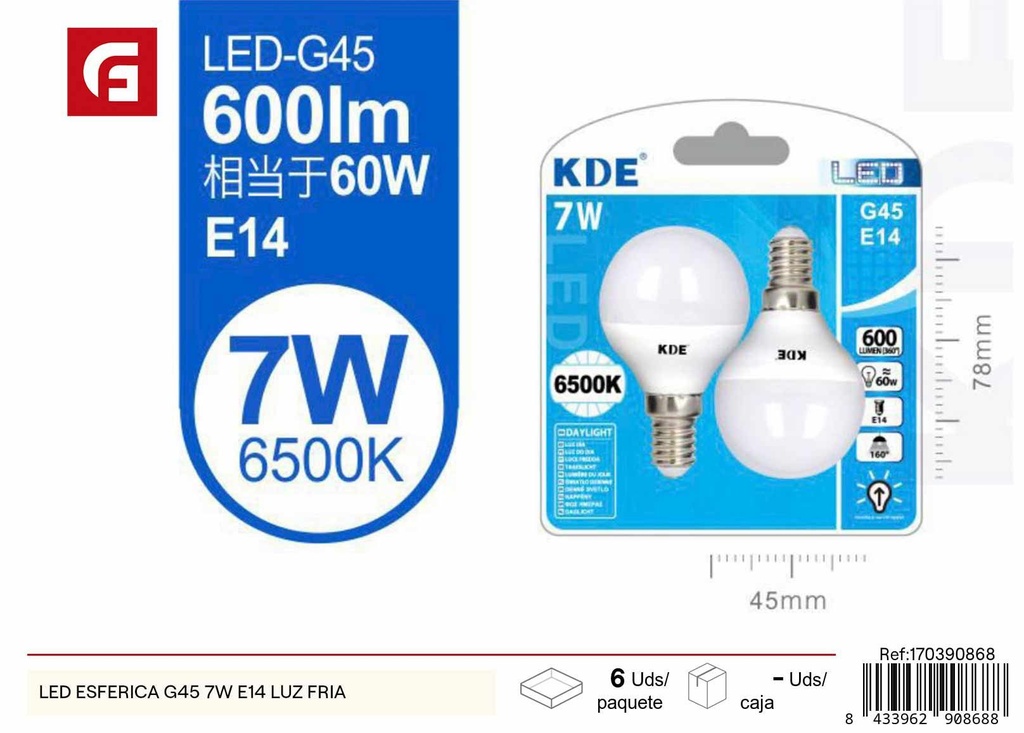 Bombilla LED esférica G45 7W E14 luz fría - Iluminación LED y bombillas eficaces