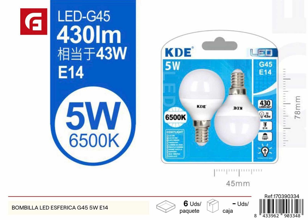 Bombilla LED esférica G45 5W E14 - Iluminación y bombillas LED