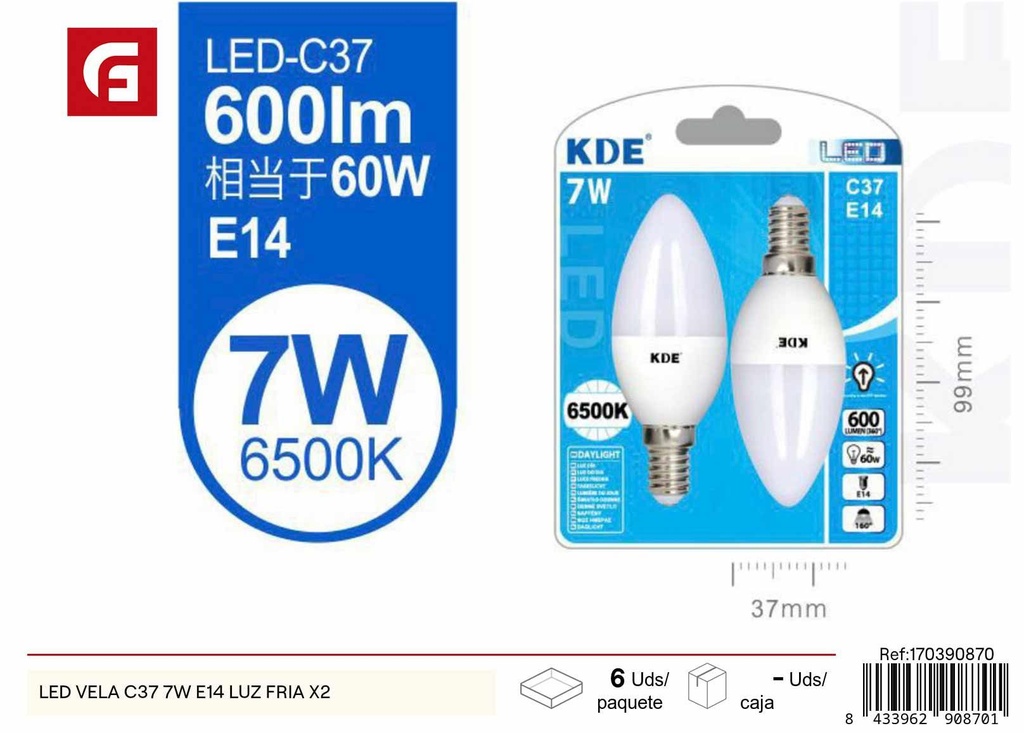 Bombilla LED vela C37 7W E14 luz fría (paquete de 2) - Iluminación LED y bombillas decorativas