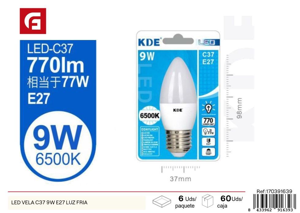 Vela LED fría 9W E27 - Bombillas LED C37 de alto rendimiento