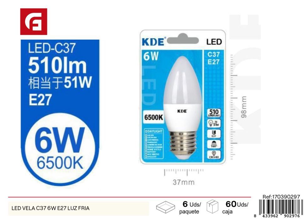 Vela LED fría 6W E27 - Bombillas LED C37 de ahorro energético