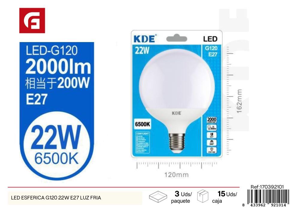 Bombilla LED esférica 22W E27 - Luz fría G120 para proyectos de iluminación