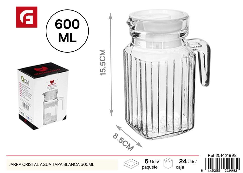 Jarra de cristal para agua con tapa blanca 600ML - Productos de vidrio y cerámica