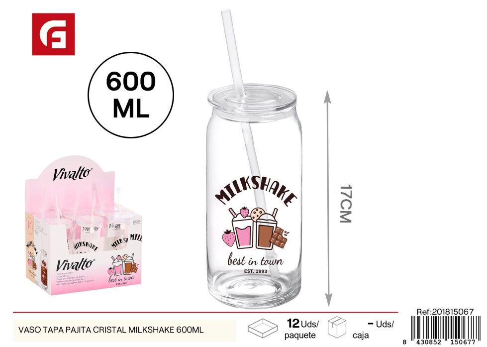 Vaso tapa pajita cristal milkshake 600ml - Diseño atractivo para disfrutar batidos