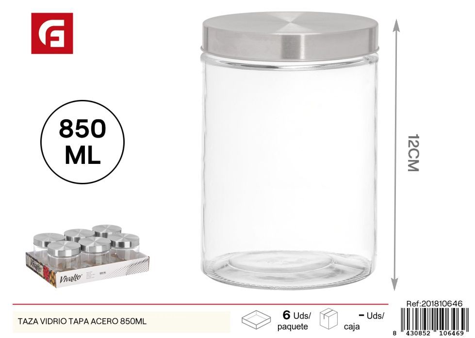 Taza de vidrio con tapa de acero 850ml - Tarros y recipientes de vidrio