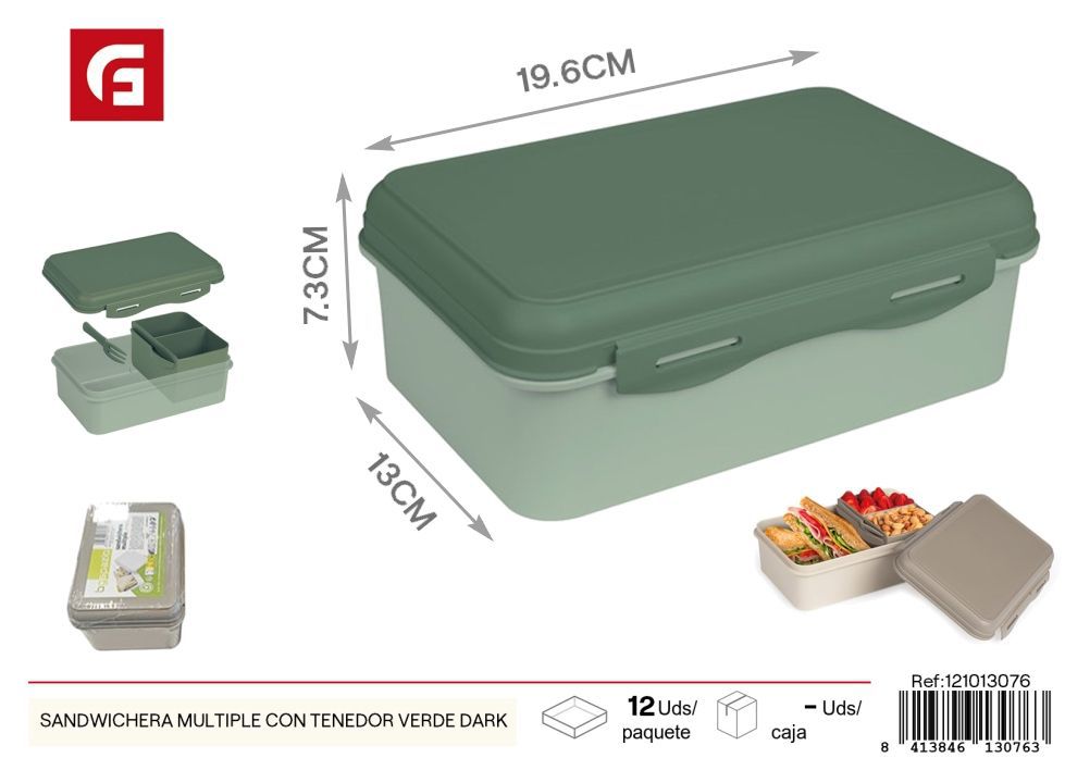 Sandwichera múltiple con tenedor verde oscuro - Fiambreras y utensilios de cocina de plástico