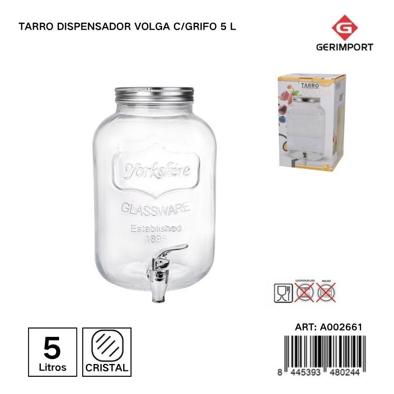 Tarro dispensador de vidrio con grifo 5L - Práctico para bebidas y líquidos