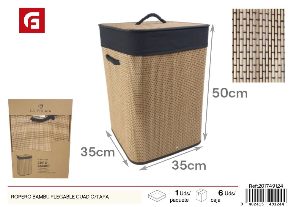 Ropero de bambú plegable cuadrado con tapa - Organización del hogar