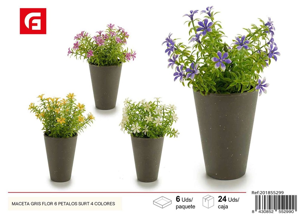 Maceta gris flor de 6 pétalos surtidas en 4 colores - Macetas para plantas artificiales