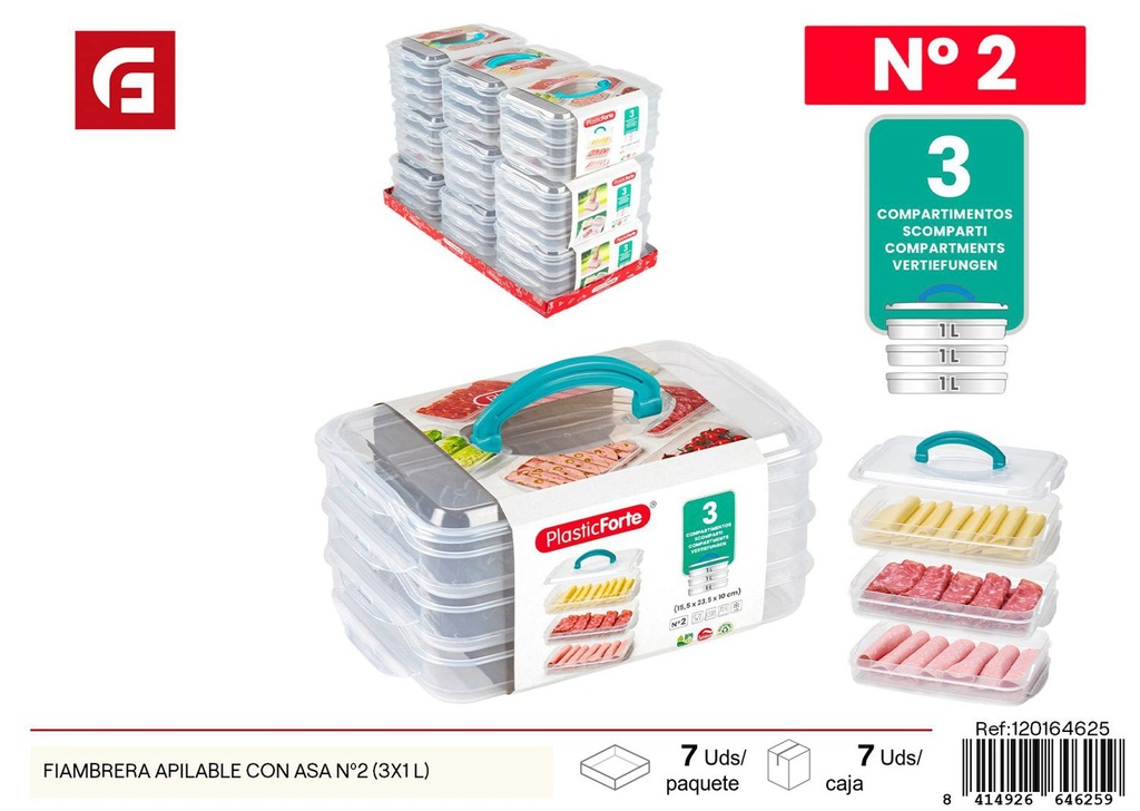 Fiambre apilable con asa Nº2 (3 x 1 L) - Envases y almacenamiento