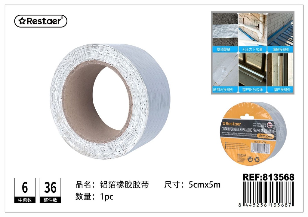 Cinta impermeable de caucho y papel de aluminio 50 mm x 5 m - Artículos de ferretería