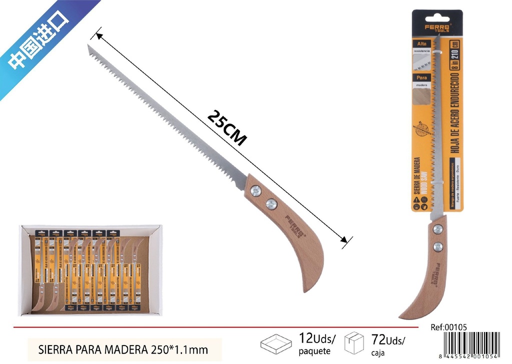 Sierra para madera 250x1.1mm con mango de madera - Herramientas de carpintería