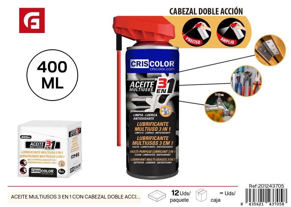 Lubricante multiusos 3 en 1 con cabezal de doble acción 400 ml - Pintura y lubricantes