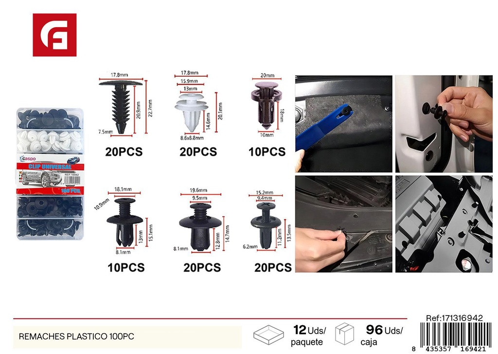 Remaches de plástico 100 piezas - Accesorios para vehículos y reparaciones