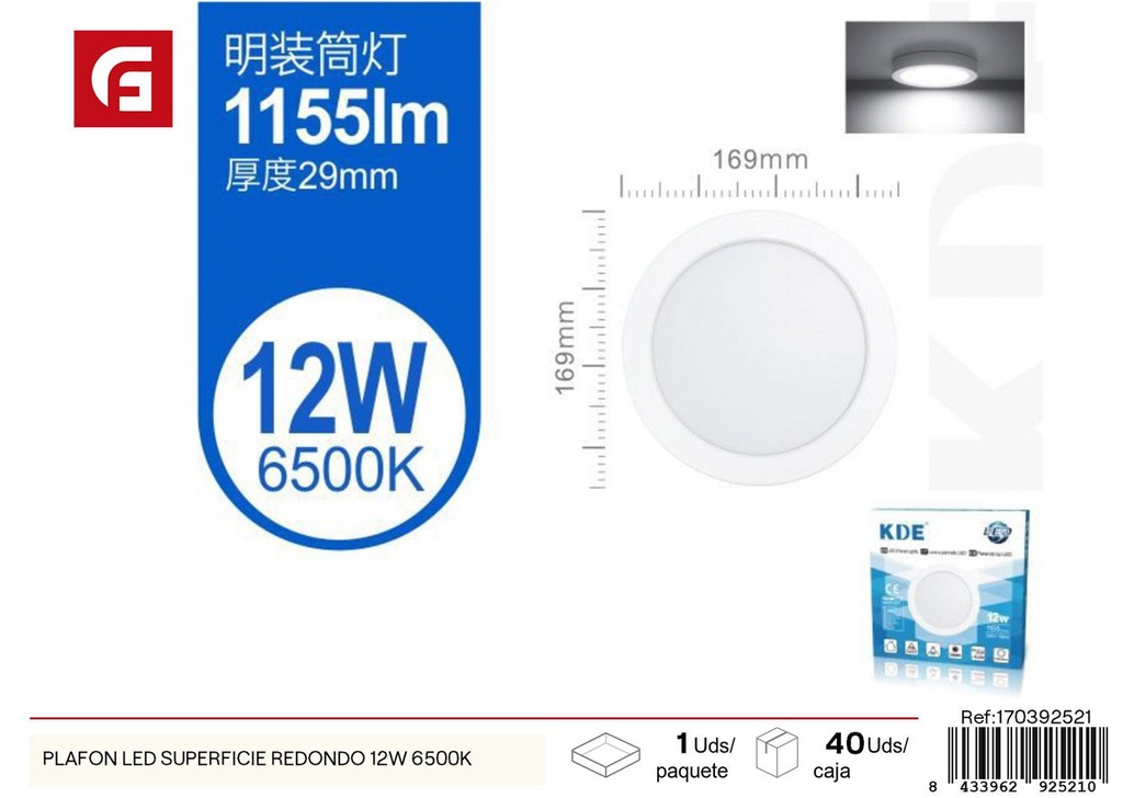 Plafón LED de superficie redondo 12W 6500K - Iluminación