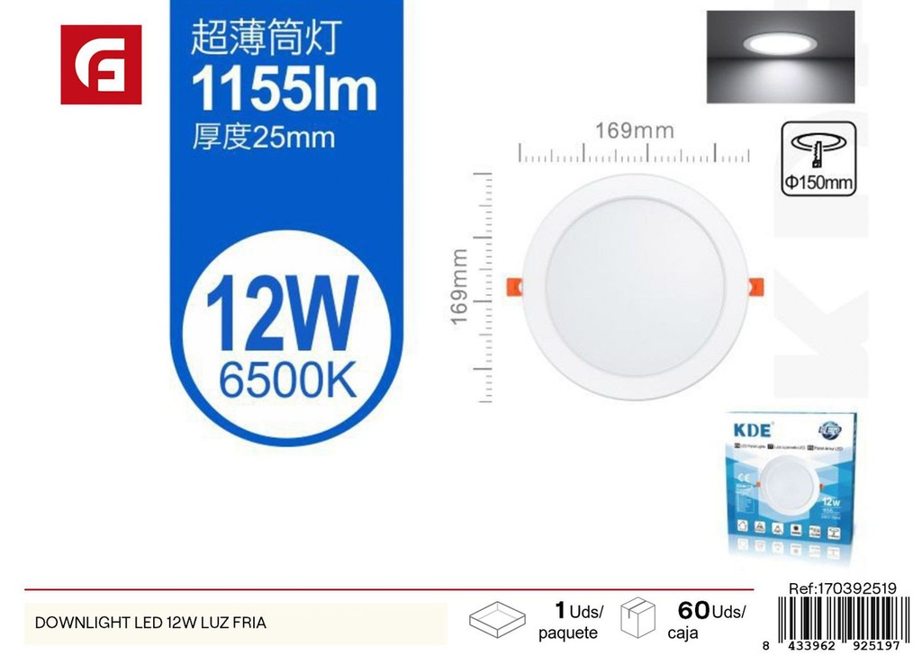 Downlight LED 12W luz fría - Iluminación y plafones