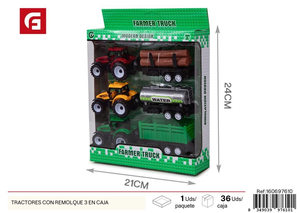 Tractores con remolque 3 en caja - Juguetes de vehículos