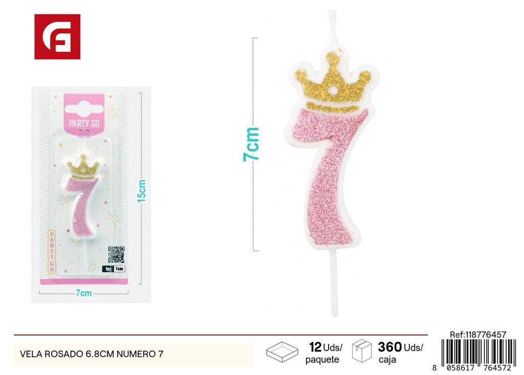 Vela rosa 6.8 cm número 7 - Artículos de fiesta y velas de cumpleaños