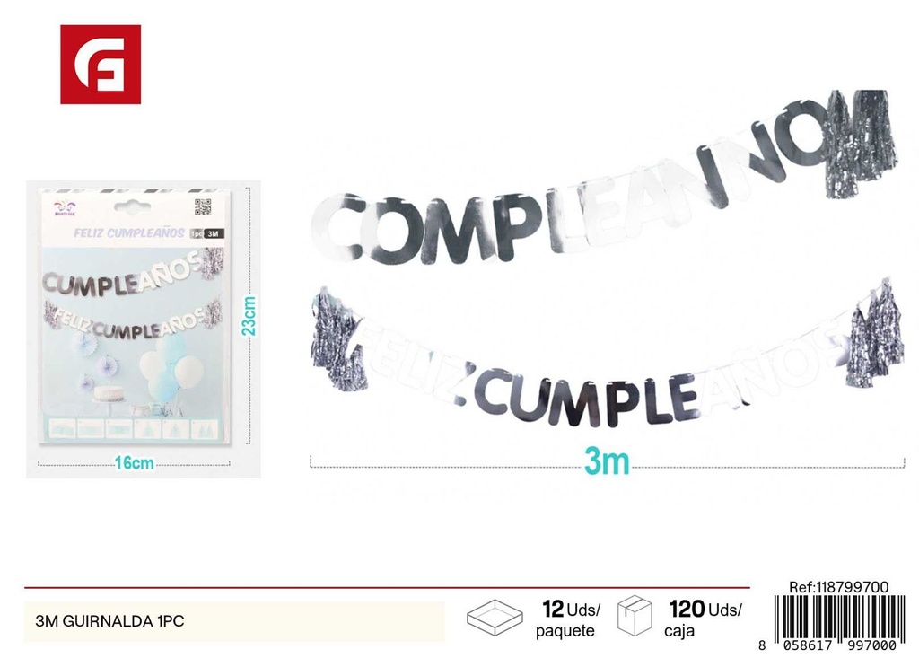 Guirnalda de papel de flecos cumpleaños 3 m 1 pieza color plateado - Decoración de fiesta
