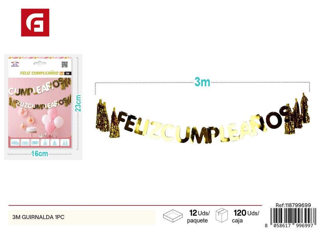 Guirnalda de papel de flecos cumpleaños 3 m 1 pieza color dorado - Decoración de fiesta