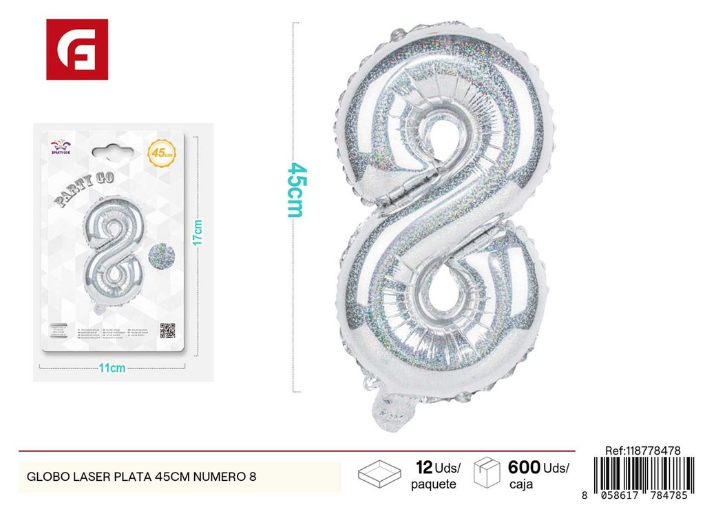 Globo láser plata número 8 45 cm 26 pulgadas - Decoración de fiesta