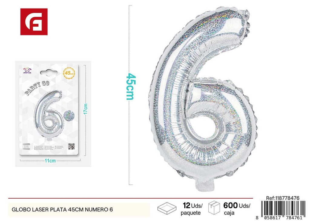 Globo láser plata número 6 45 cm 24 pulgadas - Decoración de fiesta