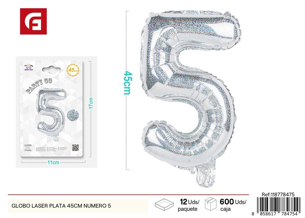 Globo láser plata número 5 45 cm 23 pulgadas - Decoración de fiesta