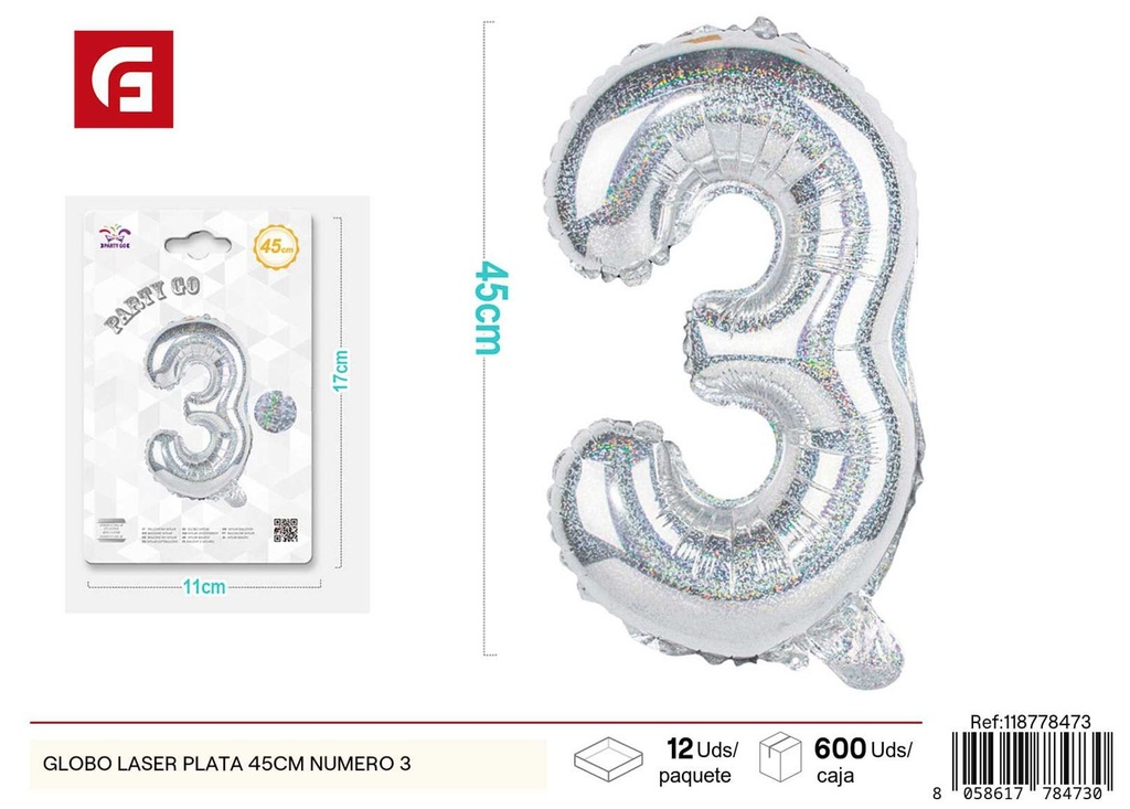 Globo láser plata número 3 45 cm 21 pulgadas - Decoración de fiesta