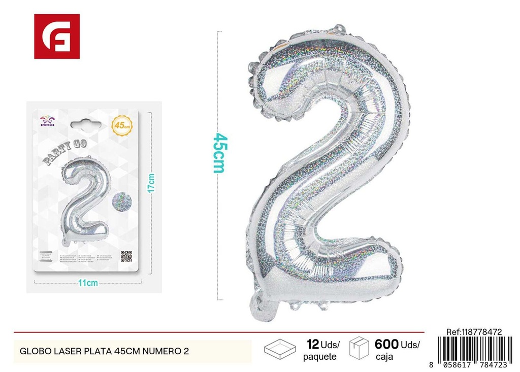 Globo láser plata número 2 45 cm 20 pulgadas - Decoración de fiesta