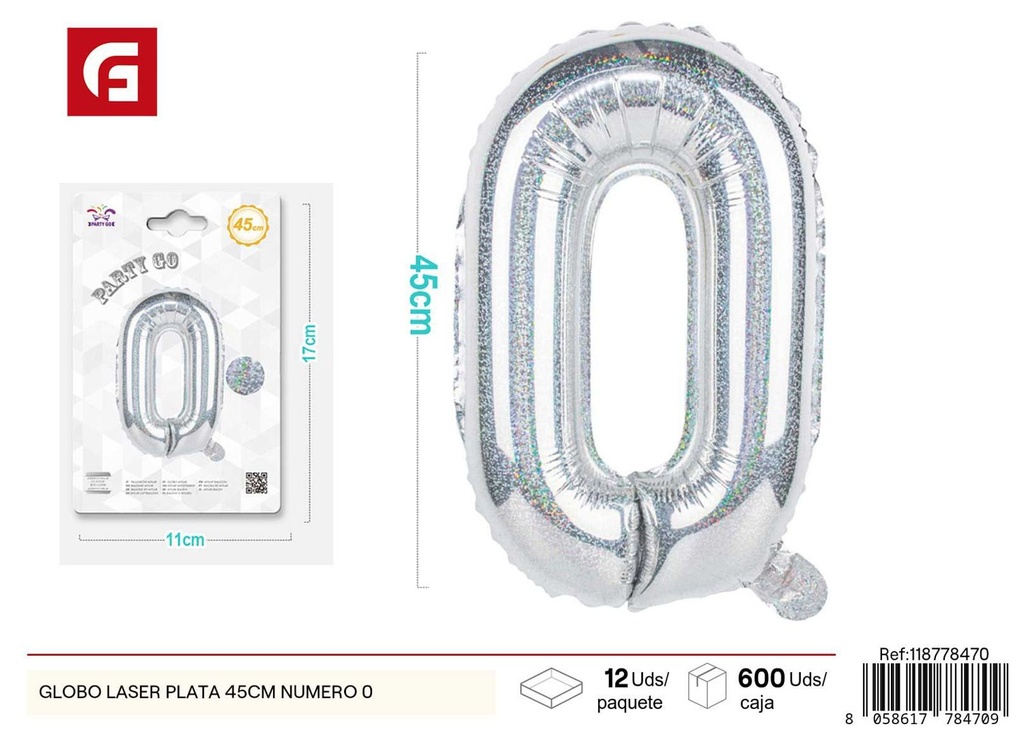 Globo láser plata número 0 45 cm 18 pulgadas - Decoración de fiesta
