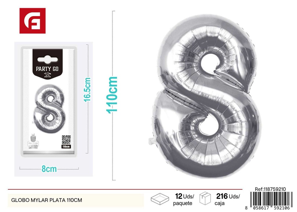 Globo mylar plata número 8 110 cm (pequeño paquete) - Decoración de fiesta
