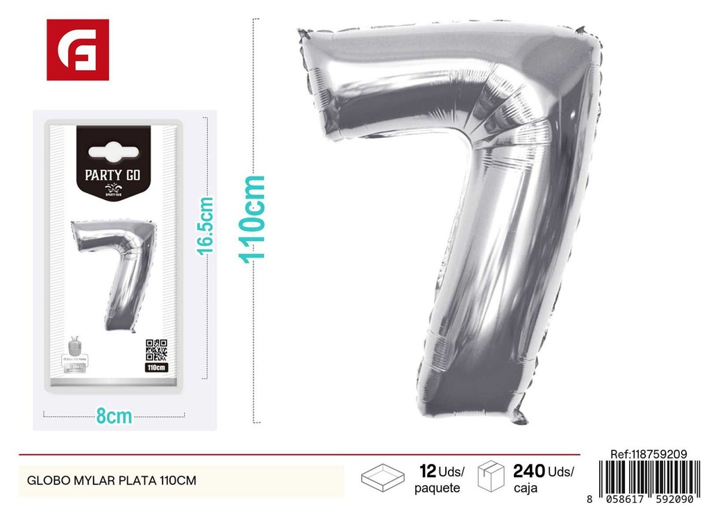 Globo mylar plata número 7 110 cm (pequeño paquete) - Decoración de fiesta