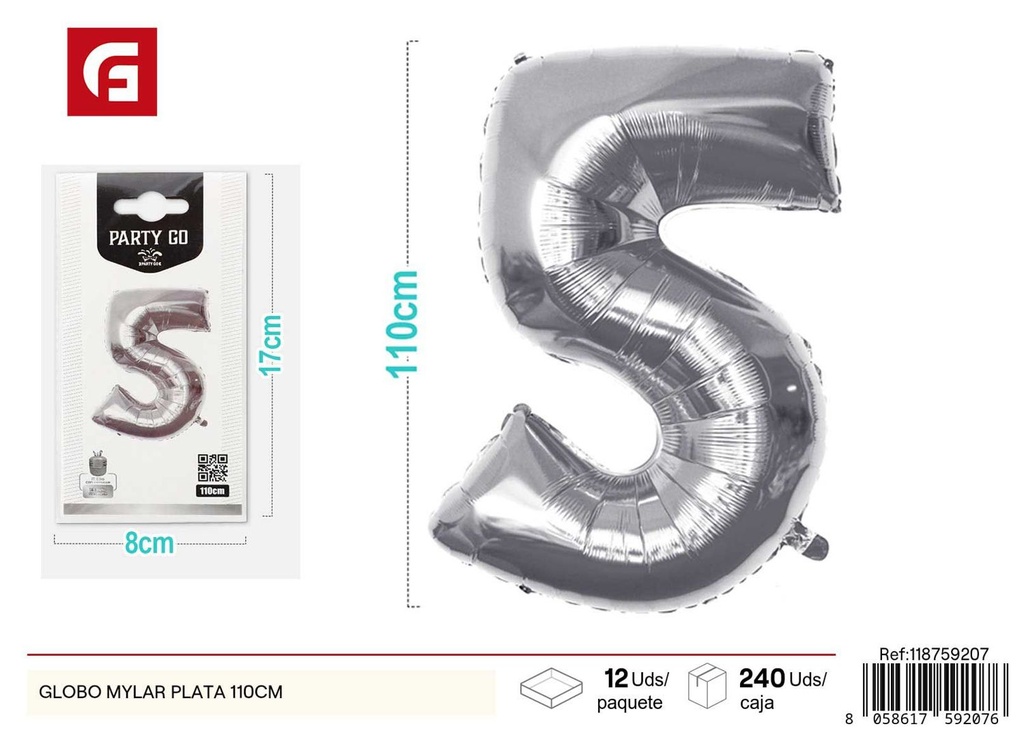 Globo mylar plata número 5 110 cm (pequeño paquete) - Decoración de fiesta