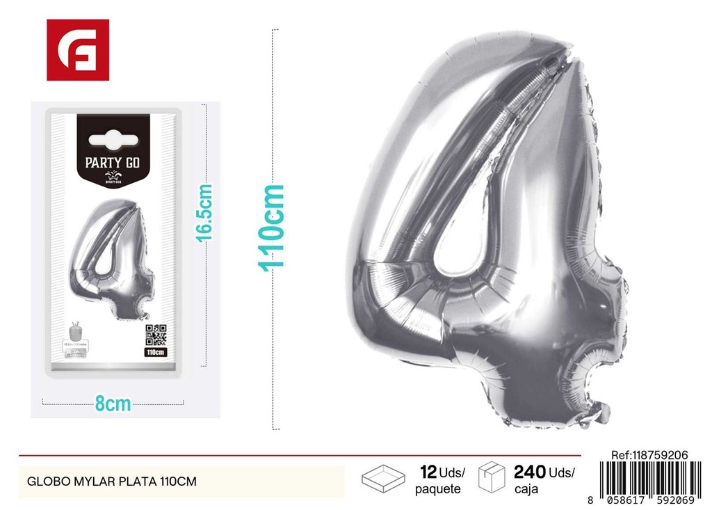 Globo mylar plata número 4 110 cm (pequeño paquete) - Decoración de fiesta
